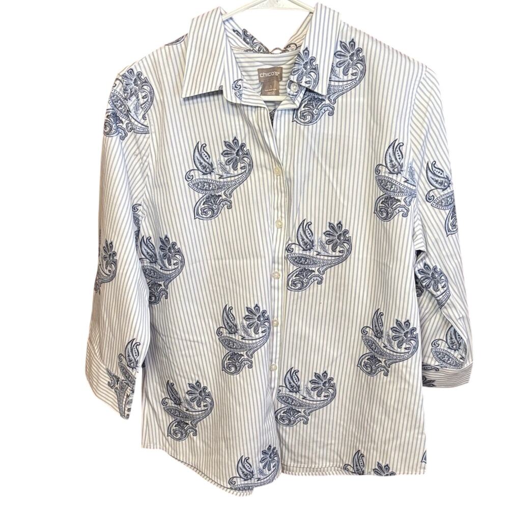 Chico’s No Iron Paisley Button Up Shirt Blue White Striped Sz 1 M